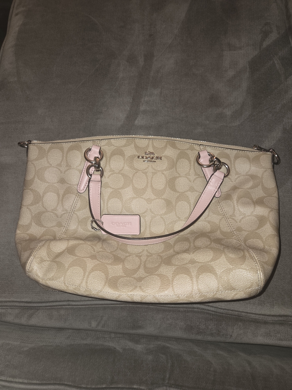 Coach Signature Canvas Tote with Pink Leather Trim